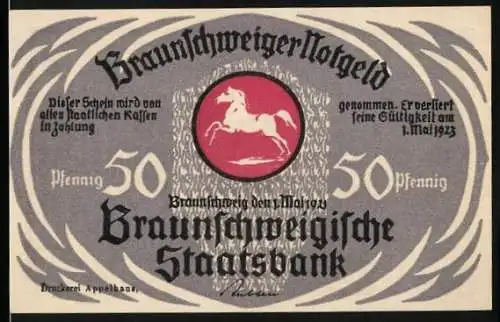 Notgeld Braunschweig 1923, 50 Pfennig, Vorderseite: Pferd im Kreis, Rückseite: Bad Harzburger Rennen