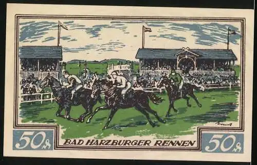 Notgeld Braunschweig 1923, 50 Pfennig, Vorderseite: Pferd im Kreis, Rückseite: Bad Harzburger Rennen