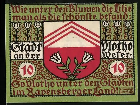 Notgeld Vlotho 1921, 10 Pfennig, Stadt an der Weser mit Blumenmotiv und Stadtwappen, April 1921