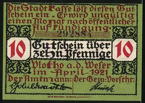 Notgeld Vlotho 1921, 10 Pfennig, Stadt an der Weser mit Blumenmotiv und Stadtwappen, April 1921