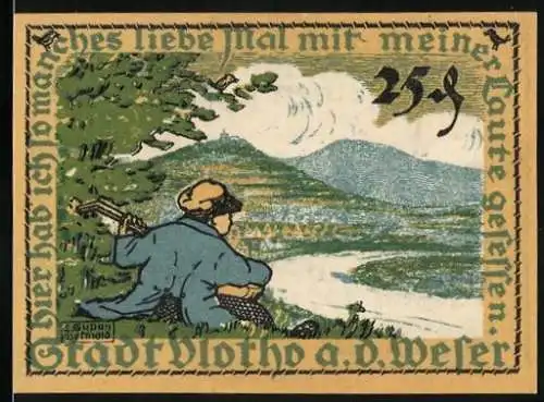 Notgeld Vlotho a.d. Weser, 1921, 25 Pfennig, Mann mit Laute vor Flusslandschaft