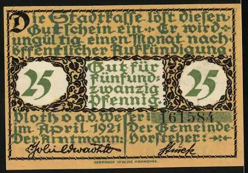 Notgeld Vlotho a.d. Weser, 1921, 25 Pfennig, Mann mit Laute vor Flusslandschaft