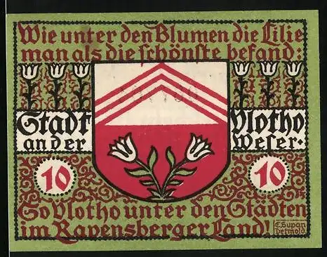 Notgeld Vlotho an der Weser 1921, 10 Pfennig, Stadtwappen und Lilienmuster