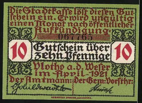 Notgeld Vlotho an der Weser 1921, 10 Pfennig, Stadtwappen und Lilienmuster