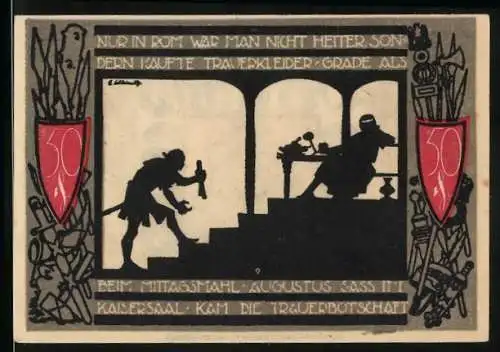 Notgeld Detmold, 1920, 50 Pfennig, Silhouetten-Szene mit Augustus im Kaisersaal, Wappen der Stadt Detmold