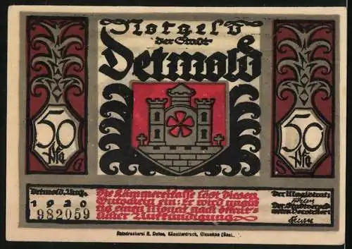 Notgeld Detmold, 1920, 50 Pfennig, Silhouetten von Kriegern und Burgmotiv