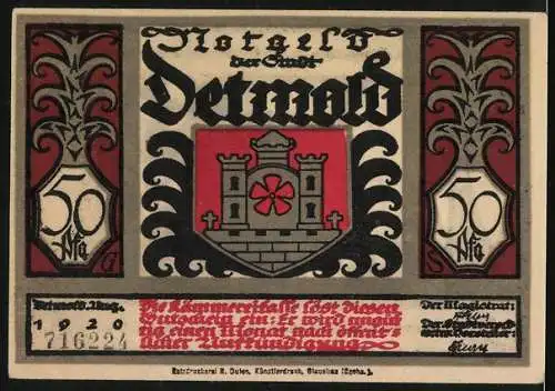 Notgeld Detmold, 1920, 50 Pfennig, mit Cherusker-Motiv und Stadtwappen