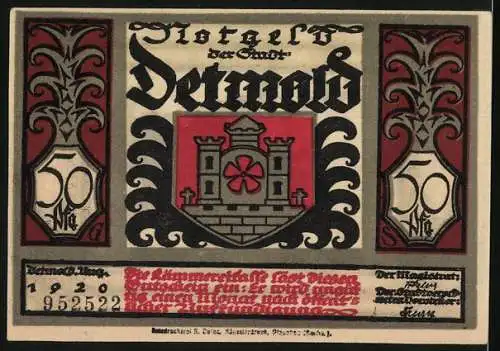 Notgeld Detmold, 1920, 50 Pfennig, Silhouette eines Feldherrn und Stadtwappen mit Burg und Blume