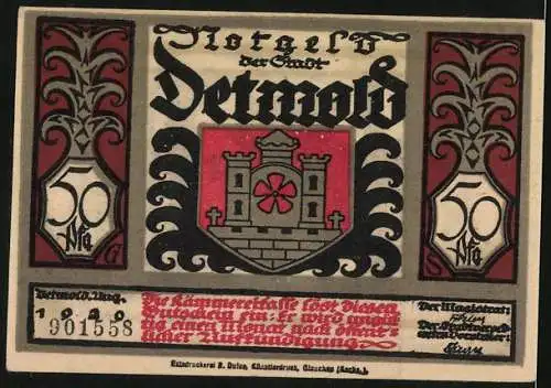 Notgeld Detmold, 1920, 50 Pfennig, In dem Teutoburger Walde - Stadtwappen mit Burg und Blume