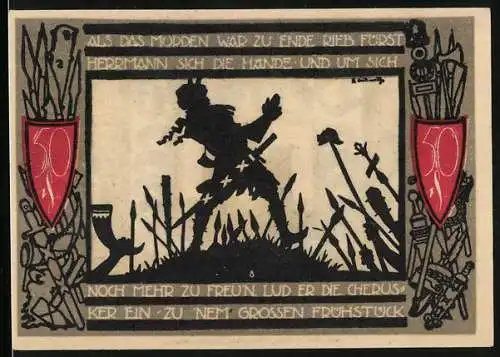 Notgeld Detmold, 1920, 50 Pfennig, Silhouette von bewaffnetem Mann und Wappen mit Schloss und Rose