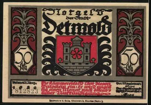 Notgeld Detmold, 1920, 50 Pfennig, Silhouette von bewaffnetem Mann und Wappen mit Schloss und Rose