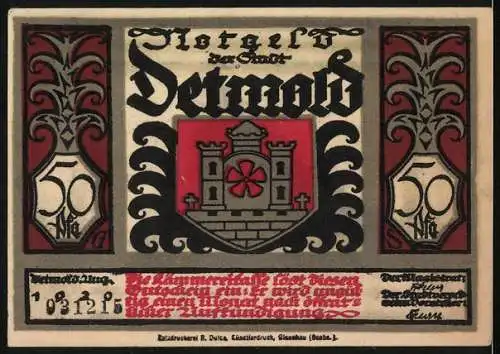 Notgeld Detmold, 1920, 50 Pfennig, Silhouette eines Berges mit Strahlen und Stadtwappen