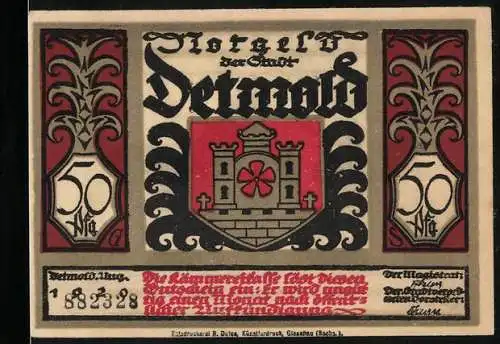 Notgeld Detmold, 1920, 50 Pfennig, Stadtwappen und historische Szene mit römischen Soldaten und Reiter