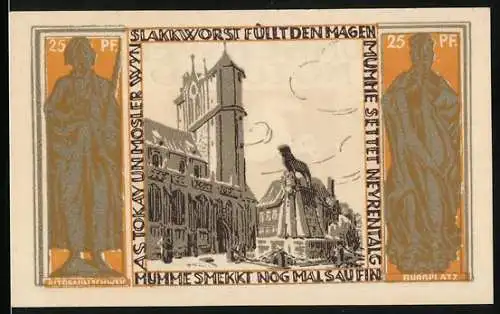 Notgeld Braunschweig, 1921, 25 Pf, Abbildung von Kirche und Statue, Braunschweiger Staatsbank, Pferd