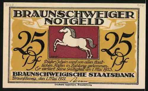 Notgeld Braunschweig, 1921, 25 Pf, Abbildung von Kirche und Statue, Braunschweiger Staatsbank, Pferd