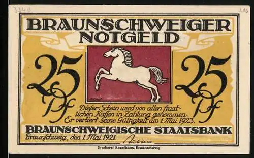 Notgeld Braunschweig 1921, 25 Pf, Vorderseite mit Pferd, Rückseite Bad Harzburg Kurhaus