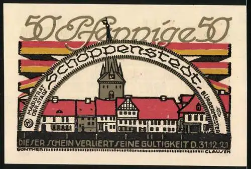 Notgeld Schöppenstedt, 1921, 50 Pfennig, Text und Stadtansicht mit Turm und Häusern