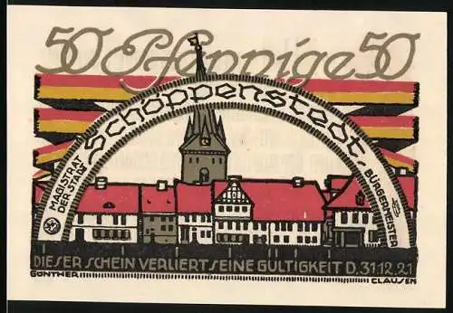 Notgeld Schöppenstedt, 1921, 50 Pfennig, Stadtansicht mit Kirche und Fachwerkhäusern, Text und Illustration eines Mann