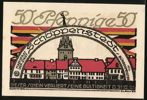 Notgeld Schöppenstedt, 1921, 50 Pfennig, Stadtansicht mit Turm und Häuserreihe, dekorative Rückseite mit Schriftzug