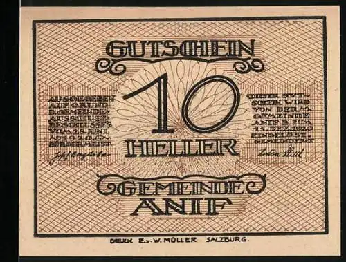 Notgeld Anif, 10 Heller, Gutschein der Gemeinde Anif mit Landschaftsabbildung