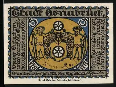 Notgeld Osnabrück, 1921, 5 Pfennig, Stadtwappen mit zwei Löwen und historische Inschrift, Lyra-Denkmal