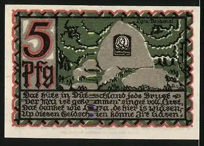 Notgeld Osnabrück, 1921, 5 Pfennig, Stadtwappen mit zwei Löwen und historische Inschrift, Lyra-Denkmal