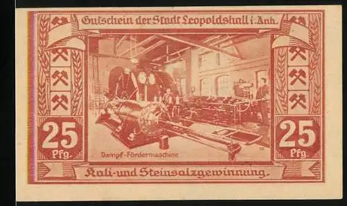 Notgeld Leopoldshall, 1921, 25 Pfennig, Dampf-Fördermaschine und Wappen, Kali- und Steinsalzgewinnung