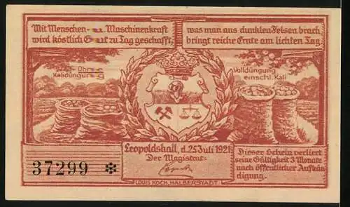 Notgeld Leopoldshall, 1921, 25 Pfennig, Dampf-Fördermaschine und Wappen, Kali- und Steinsalzgewinnung