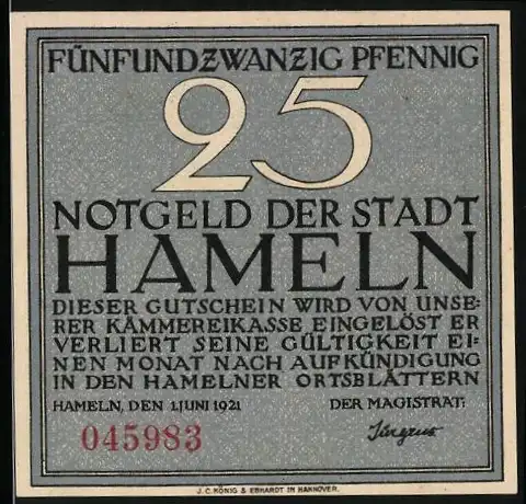 Notgeld Hameln, 1921, 25 Pfennig, Der Siebenlinge von Stein mit lokaler Gültigkeit, Seriennummer 045983