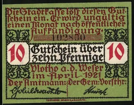 Notgeld Vlotho 1921, 10 Pfennig, Gutschein über zehn Pfennig mit Stadtwappen und Blumendesign