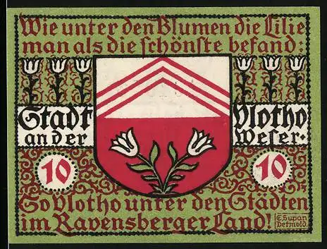 Notgeld Vlotho, 1921, 10 Pfennig, Stadtwappen mit Lilien und Text auf Vorder- und Rückseite