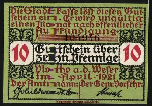 Notgeld Vlotho, 1921, 10 Pfennig, Stadtwappen mit Lilien und Text auf Vorder- und Rückseite