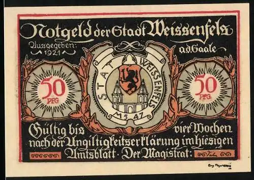Notgeld Weissenfels, 1921, 50 Pfennig, Stadtwappen und Alltagsszene mit Schuhmachern