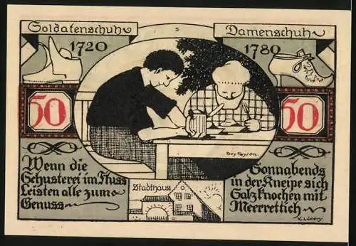 Notgeld Weissenfels, 1921, 50 Pfennig, Stadtwappen und Alltagsszene mit Schuhmachern