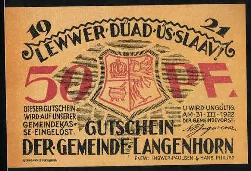 Notgeld Langenhorn 1921, 50 Pf, Gutschein der Gemeinde Langenhorn mit Wappen und Landschaftsbild