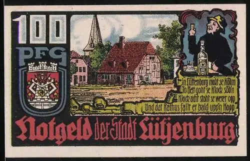 Notgeld Lütjenburg, 1921, 100 Pfennig, Stadtansicht und Mann mit Flasche