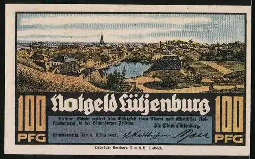 Notgeld Lütjenburg, 1921, 100 Pfennig, Stadtansicht und Mann mit Flasche