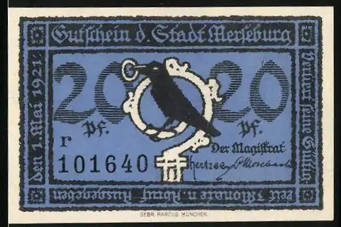 Notgeld Merseburg, 1921, 20 Pf, Gutschein der Stadt Merseburg mit Rabe und Stadtwappen, Seriennummer r 101640