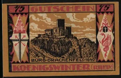 Notgeld Königswinter 1921, 75 Pfennig, Burg Drachenfels und Stadtansicht