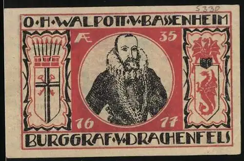 Notgeld Königswinter 1921, 50 Pfennig, Burg Drachenfels mit Porträt und Burgturm, Aufschrift AE 35, 16 77