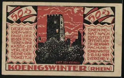 Notgeld Königswinter 1921, 50 Pfennig, Burg Drachenfels mit Porträt und Burgturm, Aufschrift AE 35, 16 77