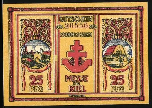 Notgeld Kiel, 1921, 25 Pfennig, Nordische Messe mit Stadtansichten und Zahnrad