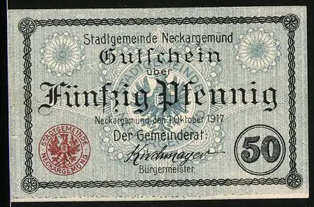 Notgeld Neckargemünd 1917, 50 Pfennig, Gutschein der Stadtgemeinde über 50 Pfennig