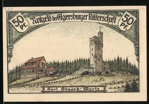 Notgeld Bad Harzburg 1921, 50 Pf., Carl Eduard Warte, Wanderer komm und raste, Landschaft mit Turm und Haus