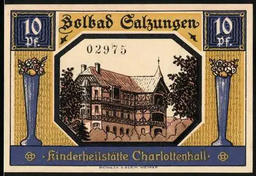 Notgeld Bad Salzungen, 1921, 10 Pf, Kinderheilstätte Charlottenhall und Stadtansicht mit Wappen