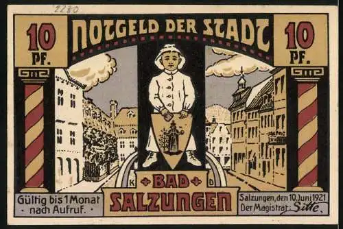 Notgeld Bad Salzungen, 1921, 10 Pf, Kinderheilstätte Charlottenhall und Stadtansicht mit Wappen