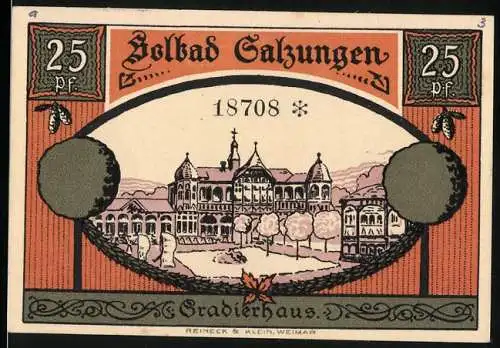 Notgeld Bad Salzungen 1921, 25 Pf, Gradierhaus und Stadtansicht mit Figur