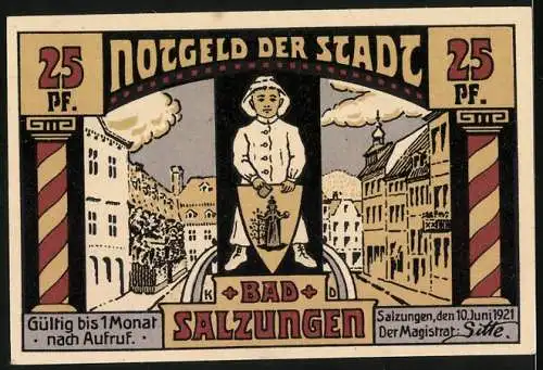 Notgeld Bad Salzungen 1921, 25 Pf, Gradierhaus und Stadtansicht mit Figur