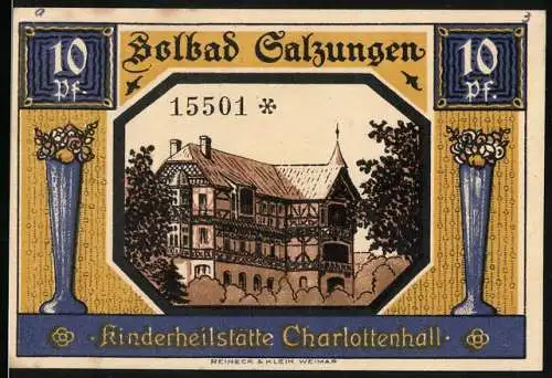 Notgeld Bad Salzungen, 1921, 10 Pfennig, Kinderheilstätte Charlottenhall und Stadtansicht mit Wappen