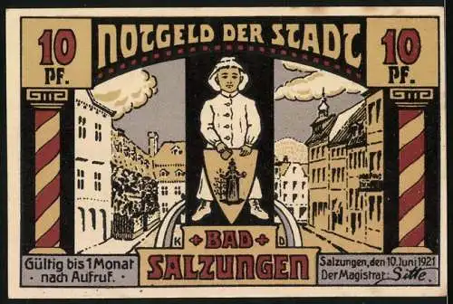 Notgeld Bad Salzungen, 1921, 10 Pfennig, Kinderheilstätte Charlottenhall und Stadtansicht mit Wappen